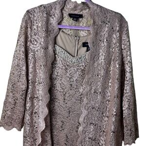 R & M Richards Womens Taupe 2 Piece Dress Jacket Outfit Lace Sequins‎ Party